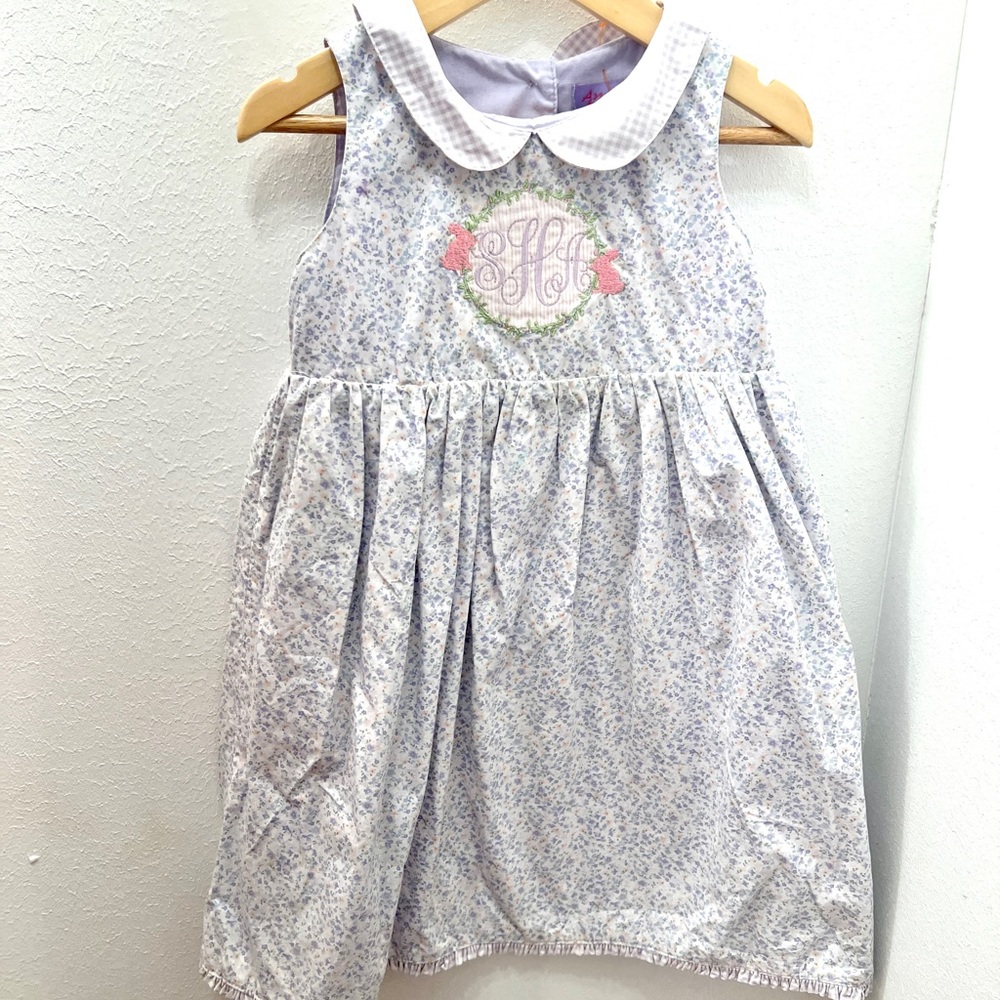 Girls 4T Lavender Floral Peter Pan Collar Dress  Embroidered “SHA” Monogram - Picture 4 of 7